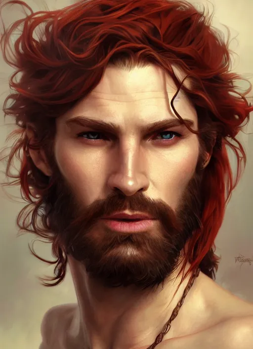 Prompt: portrait of a young ruggedly handsome but joyful pirate, male, masculine, upper body, red hair, long hair, d & d, fantasy, piercing eyes, intricate, elegant, highly detailed, digital painting, artstation, concept art, matte, sharp focus, illustration, art by artgerm and greg rutkowski and alphonse mucha