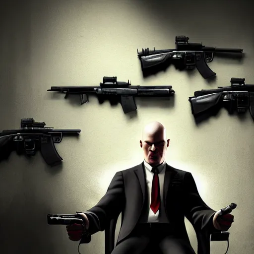 Prompt: a portrait of agent 4 7 from hitman sitting in front of a wall of guns, realistic illustration, dark background, red rim light, highly detailed, digital art, artstation, concept art, smooth, sharp focus, greg rutkowski, wlop