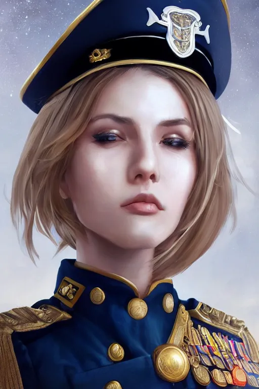 Prompt: beautiful portrait of a female officer wearing a fancy naval uniform, art by wlop and artgerm, science fiction, detailed eyes, blonde hair, space background, trending on artstation, sharp focus, illustration, caustics, octane render, 4 k, radiant light