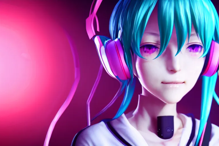 Image similar to hatsune miku with headphones is looking at a rainy window in the style of a code vein character creation, cyberpunk art by Yuumei, cg society contest winner, rayonism light effects and bokeh, daz3d, vaporwave, deviantart hd