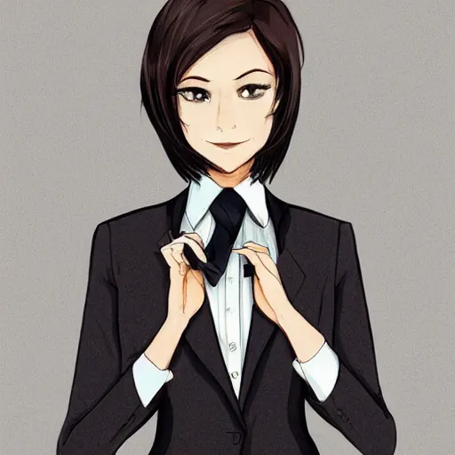 Image similar to woman in black business suit, chill, light brown neat hair, pixiv, fanbox, trending on artstation, portrait, digital art, modern, sleek, highly detailed, formal, determined, blue tie, lawyer, colorized, smooth, charming, pretty, briefcase, safe for work
