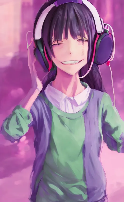 Image similar to anime girl with pink ponytail, wearing purple headphones, wearing a green sweater, with a smile on her face and her eyes closed, walking down a street, dynamic lighting, photorealistic fantasy concept art, trending on art station, very detailed, anime concept art, stunning visuals, creative, cinematic, ultra detailed