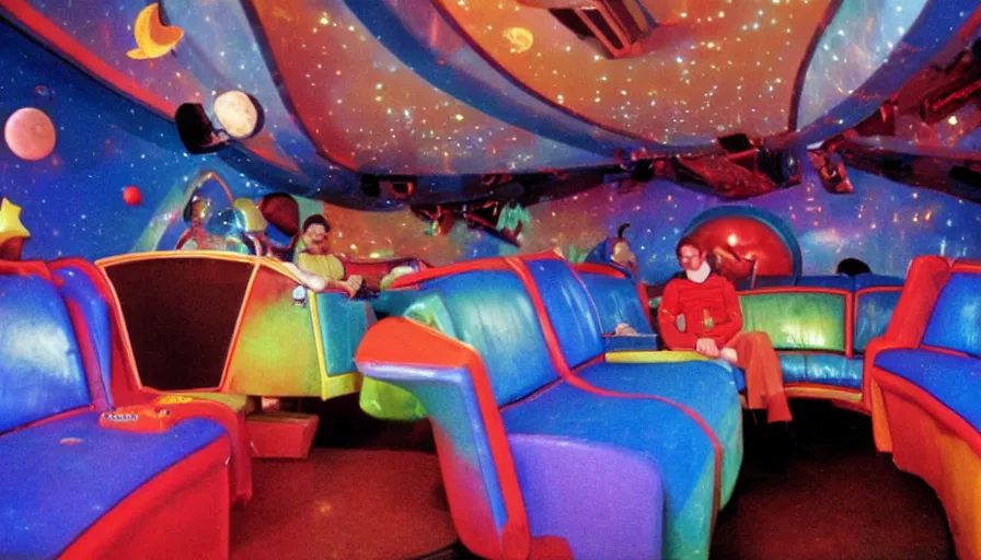 Image similar to 1990s photo of inside the Space Sofa ride at Universal Studios in Orlando, Florida, riding the flying sofa through space , cinematic, UHD