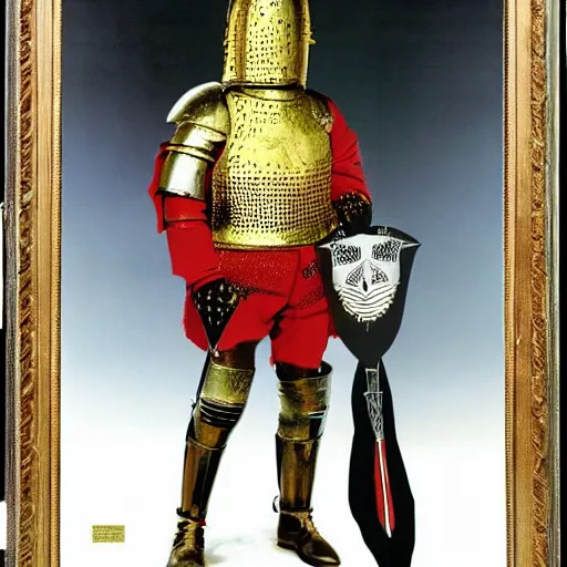 Image similar to photo of donald trump, kodak portra 4 0 0, wearing a suit of knight ’ s armor, two arms, two legs, symmetrical face, donald trump ’ s face, donald trump, donald trump holding a mythical sword, knights armor