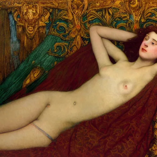 Image similar to preraphaelite photography reclining on bed, a hybrid of judy garland and amy macdonald, aged 2 5, big brown fringe, yellow ochre ornate medieval dress, john william waterhouse, kilian eng, rosetti, john everett millais, william holman hunt, william morris, 4 k