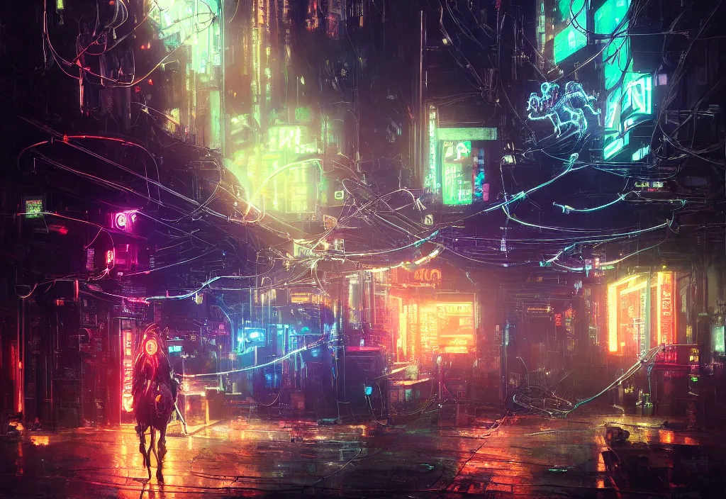 Image similar to glowing robot cyborg unicorn, many wires and neon lights exposed, metal and glowing eyes, cyberpunk, highly detailed painting by jeremy mann and cd projekt red