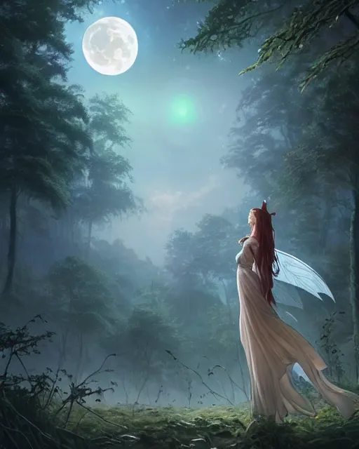 Image similar to attractive fairy goddness fly high in the night, d & d, fantasy, mist, full moon in background, trees, hyper detailed, art by artgerm and greg rutkowski and magali villeneuve, midium shot, 8 k realistic, cryengine, digital painting, trending on artstation, concept art, sharp focus, illustration,