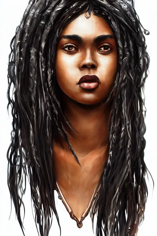 Image similar to A bust of a beautiful black skinned Australian indigenous girl with large lips and smooth eyebrows and straight hair, HD, illustration, epic, fantasy, intricate, elegant, amazing detail, digital painting, artstation, concept art, smooth, sharp focus, illustration, art by Turine Tran