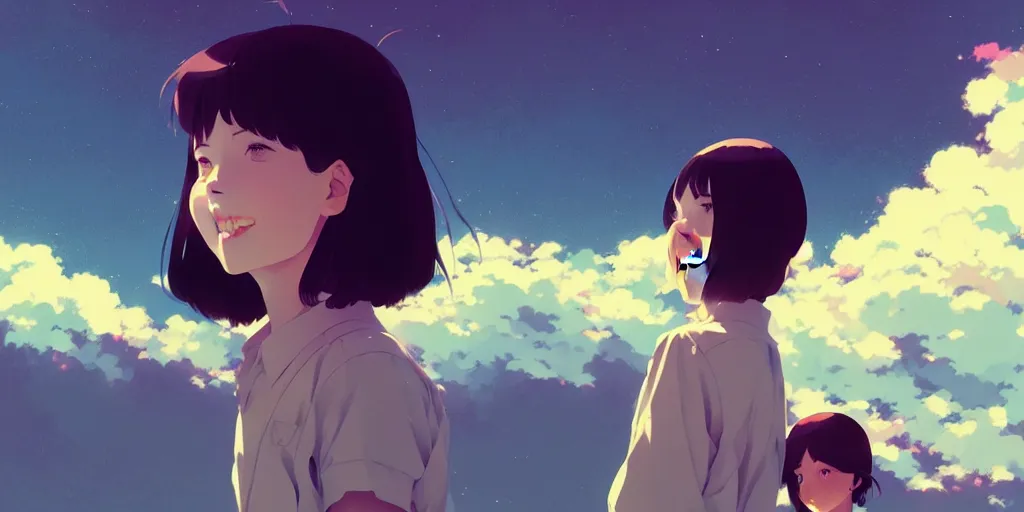 Image similar to portrait of a smiling girl by ilya kuvshinov, cloudy sky background lush landscape ln illustration concept art anime key visual trending pixiv by victo ngai fanbox by greg rutkowski makoto shinkai takashi takeuchi studio ghibli