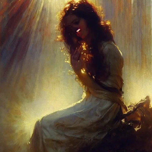 Prompt: a woman with wavy brown hair summons a ball of light into her hands. dramatic. cinematic. holy. saintly. demigod. detailed. sharp. photo realistic. realism. gaston bussiere. phil hale