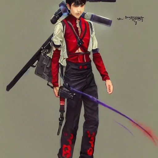 Image similar to teenager boy with straight indigo hair, purple eyes with red eye markers, slim body, wearing japanese combat clothes, black and red details. modern, realistic, looking at the camera, enjoying life!!! elegant, highly detailed, digital painting, artstation, concept art, matte, sharp focus, illustration, art by artgerm and greg rutkowski and alphonse mucha