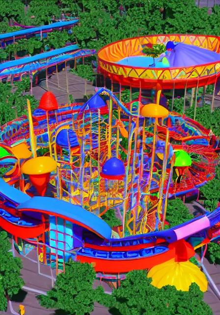 Prompt: a colorful primitive 3D render of an amusement park, Primitive 90s CGI render, 1994, softimage 3D, bryce 3D, infini-D, surreal, retro 70s scanned magazine ad