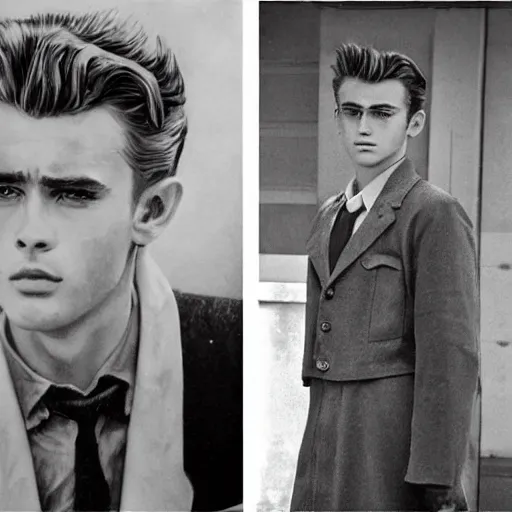 Image similar to a highly detailed epic cinematic concept art CG render digital painting artwork costume design: young James Dean as a well-kept neat perfect formal student in a 1950s USSR school uniform. By Mandy Jurgens, Lim Chuan Shin, Simon Cowell, Barret Frymire, Dan Volbert, Beeple, Butcher Billy, David Villegas, Irina French, Heraldo Ortega, Rachel Walpole, Jeszika Le Vye trending on ArtStation, made in Maya, Blender and Photoshop, octane render, excellent composition, cinematic atmosphere, dynamic dramatic cinematic lighting, aesthetic, very inspirational, arthouse