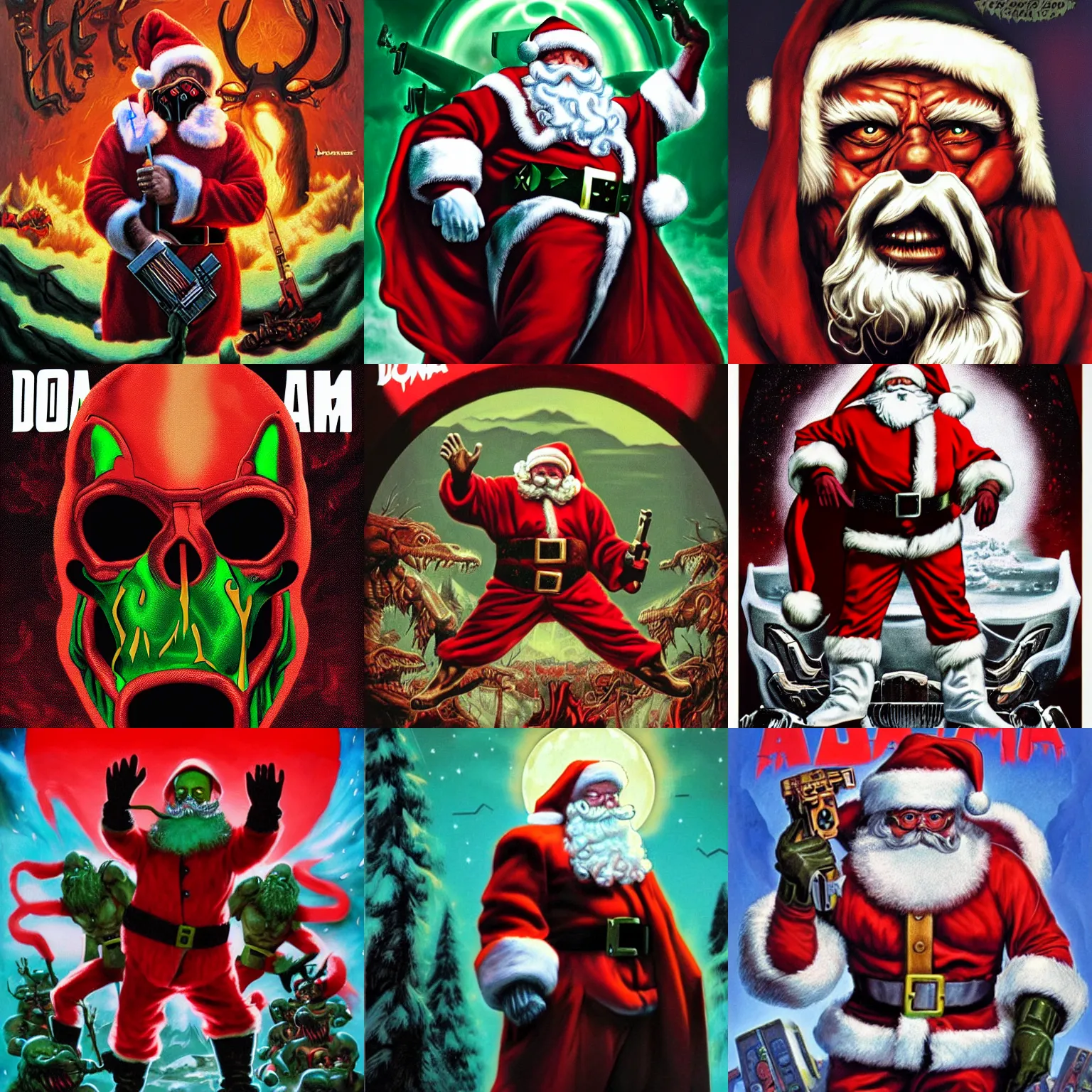 Prompt: santa, doom cover art, doom poster