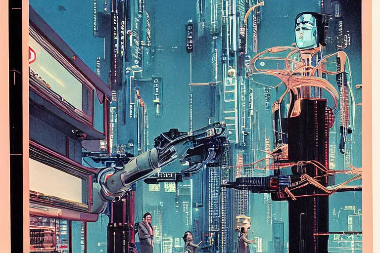 Prompt: 1979 OMNI Magazine Cover of 3 people standing around robot blueprints, equipment and schematics. Window shows a view neo-Tokyo in cyberpunk style by Vincent Di Fate