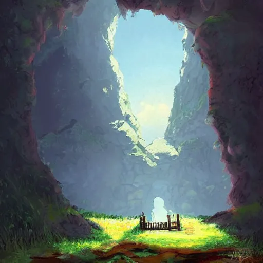 Prompt: beautiful painting of Entrance to a dungeon at the base of an ancient mountain in the morning light, in the style of Studio Ghibli, by Hayao Miyazaki