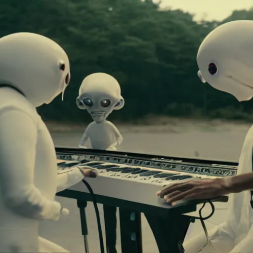 Image similar to cinematic film still of Pharrell Williams Making A Beat with an anthropomorphic alien, Japanese VFX, 2018, 400mm lens, f1.8, shallow depth of field,film photography