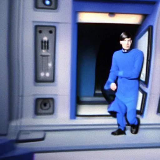 Image similar to photo of mr spock blue uniform exiting the tardis