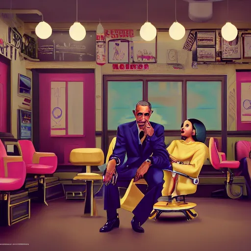 Image similar to illustration of nicki minaj sitting next to barack obama in a 6 0's vintage barbershop in queens, symmetrical, cinematic scene, brownish colors, hyper realistic, highly detailed faces, octane render, trending on artstation