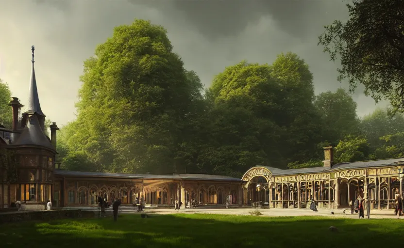 Prompt: exterior shot of utopian victorian train station on in the middle of an english garden with cinematic lighting by peter zumthor and renzo piano, darek zabrocki and greg ruthkowski, simon stalenhag, cinematic, holy place, paradise, scifi, futurism, atmospheric, concept art, artstation, trending on artstation