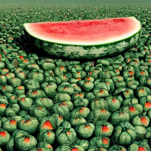 Image similar to The giant watermelon first appeared in a small town in the middle of nowhere. It was just a normal watermelon, sitting in a field, minding its own business. But then, something strange happened. The watermelon began to grow. And grow. And grow. It kept growing until it was the size of a house. Then, it started moving.