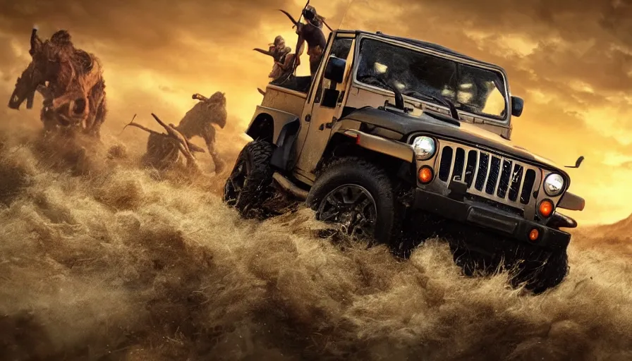 Prompt: Mahindra thar, tribe members attacking, furious action scene, Chase, an epic fantasy, dramatic lighting, cinematic, establishing shot, extremely high detail, photorealistic, cinematic lighting, artstation, by christopher nolan, horizon forbidden west
