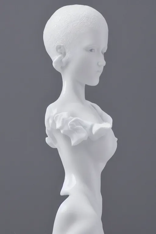 Image similar to full head and shoulders, beautiful female porcelain sculpture by daniel arsham and james jean, smooth, all white features on a white background, delicate facial features, white eyes, white lashes, detailed white 3 d different species of flowers