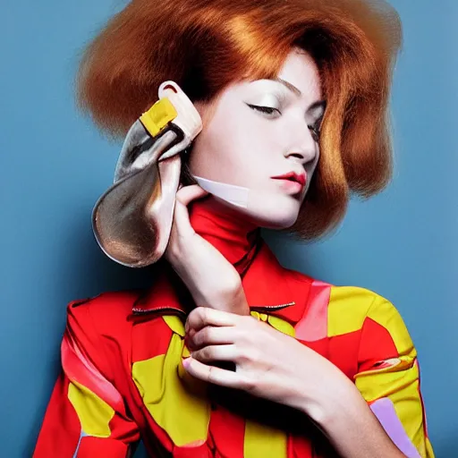 Prompt: a studio close - up portrait of a beautiful fashion model curls her hair, cutting her hair. surreal photograph, lo - fi, polished look, silly and serious, hermes ad, fashion photography, toiletpaper magazine, 3 5 mm photograph, colourful, by pierpaolo ferrari, maurizio cattelan, david lachapelle