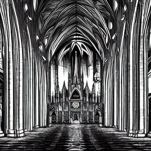 Image similar to 2d illustration of cathedral, video game, dark vibe