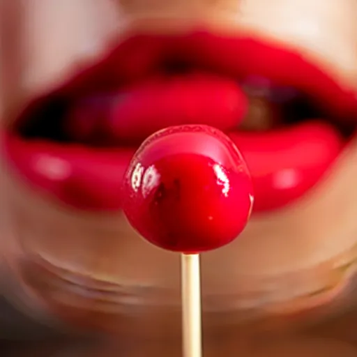 Prompt: Close-up photo of a bright red cherry lollipop on a woman's lips, tilted perspective, rule of thirds, depth of field, realistic, 8k 64 megapixel, dimly lit background