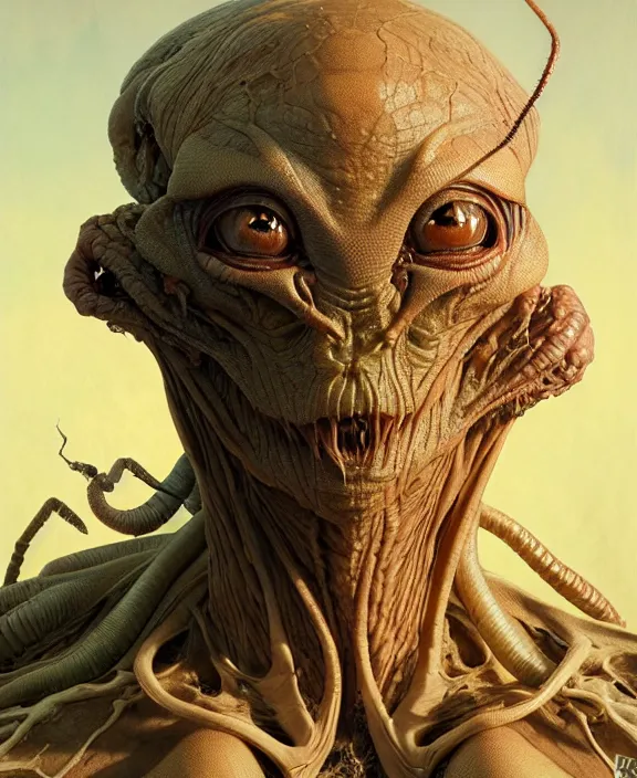 Prompt: intricate earth - toned portrait of a scary alien insect creature, mottling coloring, adorable, childlike, overgrown environment, ultra realistic, concept art, maximalist, photorealistic, octane render, 8 k, unreal engine. art by christopher marley and artgerm and greg rutkowski and alphonse mucha