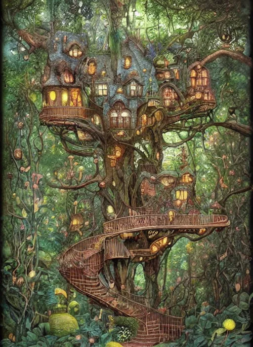 Prompt: huge whimsical fantasy treehouse, lush forest, secret garden by Daniel Merriam