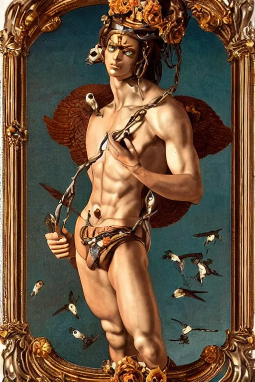 Image similar to a young handsome Spanish metal android with a large glowing battery in the center of his chest in a full-body bronze cyberpunk style statue of Icarus with glowing blue eyes, crown of peach roses, flowing teal-colored silk, fabric, flowers. baroque elements, human skull. full-length view. baroque element. intricate artwork by caravaggio. many many birds birds on background. Trending on artstation, octane render, cinematic lighting from the right, hyper realism, octane render, 8k, depth of field, 3D