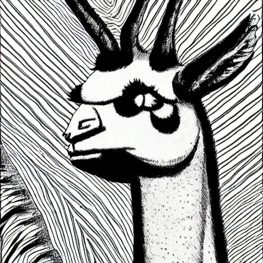 Image similar to black and white trippy comic art of a llama, lots of particles, drawn by Martin Rowson, Tim Burton, Studio Ghibli, Alex Pardee, Nekro Petros Afshar, James McDermott, cgsociety, sharp edges, high constrast, 4K