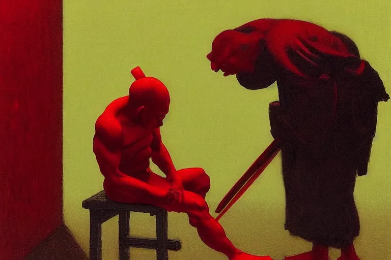 Image similar to only with red, a red samurai do seppuku, tokio, a lot of frogs watch, in the style of beksinski, parts by edward hopper, parts by rodcenko, parts by yue minjun, intricate and epic composition, red by caravaggio, insanely quality, highly detailed, masterpiece, red light, artstation, 4 k