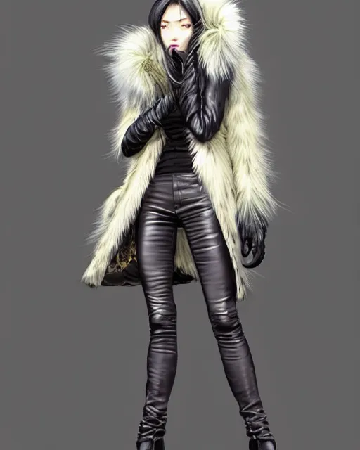 Image similar to fur - lined dragonhide jacket!!! beautiful and elegant female!! gorgeous ayes!! character concept art, sharp focus, illustration, artgerm!! yusuke murata! wlop!! ilya kuvshinov!! marc brunet!! octane render! unreal engine 5! highly rendered!! trending on artstation!! cgi vfx!