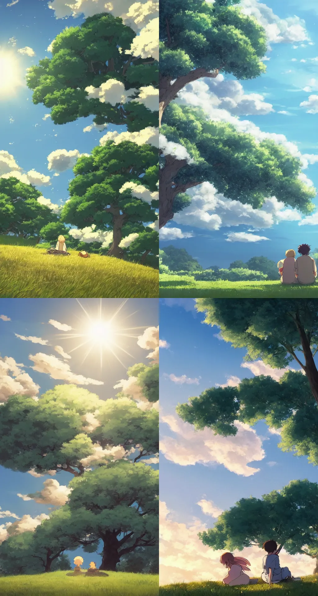 Prompt: a gigantic fluffly cloud in the style of ghibli, at sunset over a grassy hill with a gentle breeze, flock of white birds high in the sky, a couple rests in the shadow of a single great oak, the moon appears high in the sky, discreet lensflare, by makoto shinkai