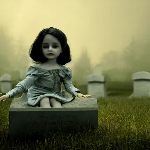 Prompt: an ethereal child's doll wearing victorian clothing and a sinister expression, sitting on a headstone in a cemetery, plague, fireflies, octane render, hypperreal, moody, cinematic composition, cinematic lighting, eerie, gothic, 8 k, hyper details, unreal engine, octane render