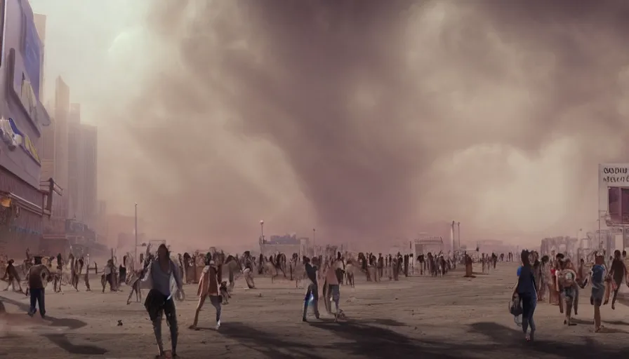 Image similar to Movie scene of huge sandstorm hitting Las Vegas with people fleeying, hyperdetailed, artstation, cgsociety, 8k