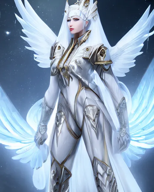 Image similar to perfect white haired egyptian goddess wearing white dove wings, warframe armor, regal, attractive, ornate, sultry, beautiful, ice queen, half asian, pretty face, blue eyes, detailed, scifi platform, 4 k, ultra realistic, epic lighting, android body, illuminated, cinematic, masterpiece, art by akihito tsukushi, voidstar