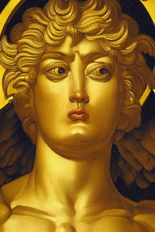 Image similar to archangel Michael, agony face, closeup, ultra detailed, made in gold, Guido Reni style