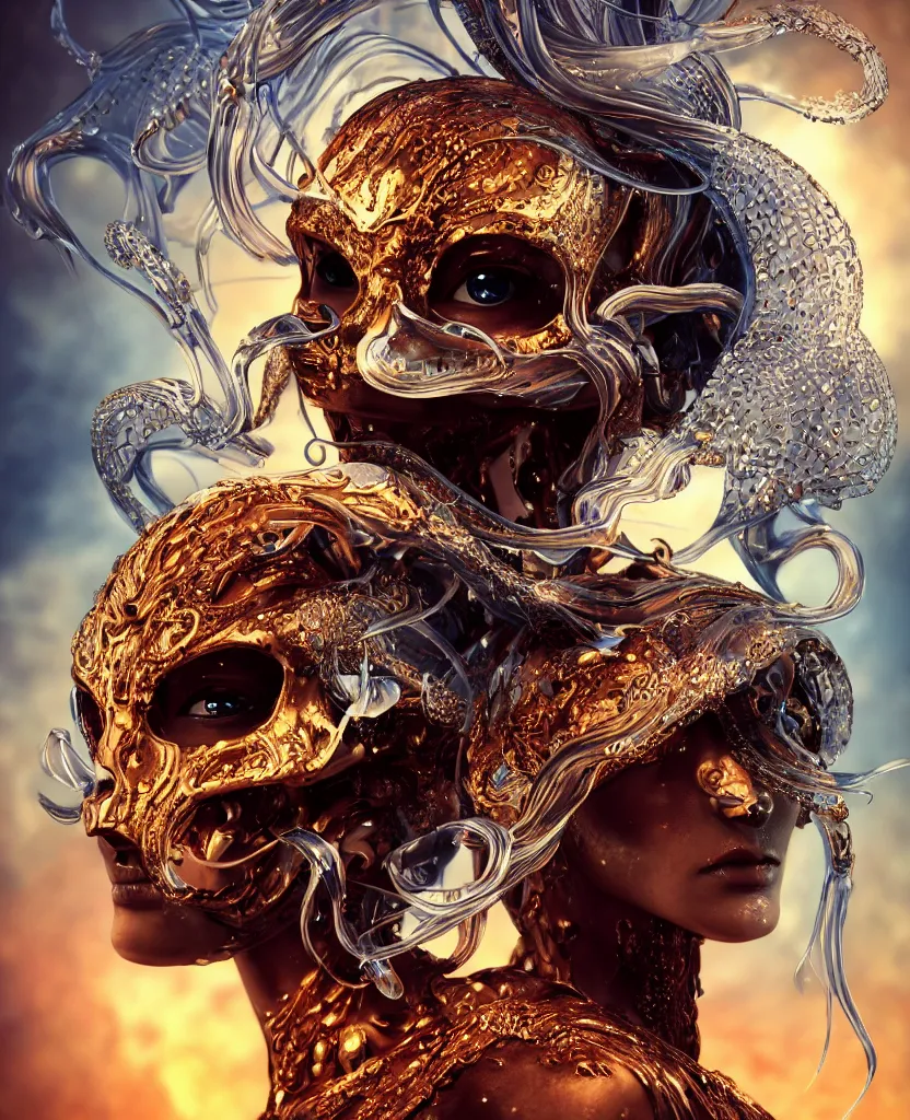 Image similar to close-up macro portrait of the face of a beautiful princess with animal skull mask, epic angle and pose, symmetrical artwork, 3d with depth of field, blurred background, cybernetic jellyfish female face skull phoenix bird, translucent, nautilus, energy flows of water and fire. a highly detailed epic cinematic concept art CG render. made in Maya, Blender and Photoshop, octane render, excellent composition, cinematic dystopian brutalist atmosphere, dynamic dramatic cinematic lighting, aesthetic, very inspirational, arthouse. y Greg Rutkowski, Ilya Kuvshinov, WLOP, Stanley Artgerm Lau, Ruan Jia and Fenghua Zhong