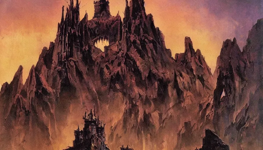 Image similar to an evil fortress, artwork by frank frazetta