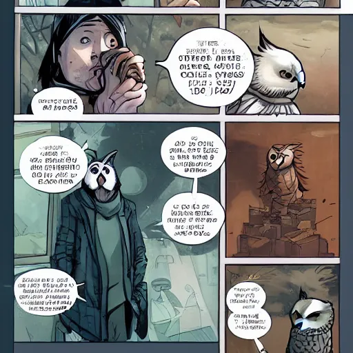 Prompt: portrait of an angry man with an owl face, criminal underground, tight shot, highly coherent, saga comic, graphic novel fiona staples