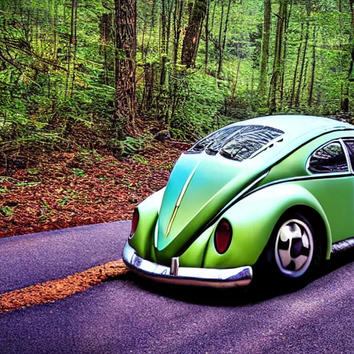 Image similar to promotional scifi - mystery movie scene of a big ladybug ( volkswagen beatle ) hybrid that's more ladybug, racing down a dusty back - road in smokey mountains tennessee. cinematic, 4 k, imax, 7 0 mm, teal autochrome, hdr