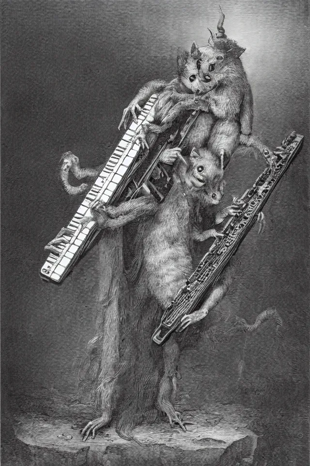 Image similar to A demonic opossum playing a keytar by Gustave Dore, full body grayscale drawing, disturbing, hellish