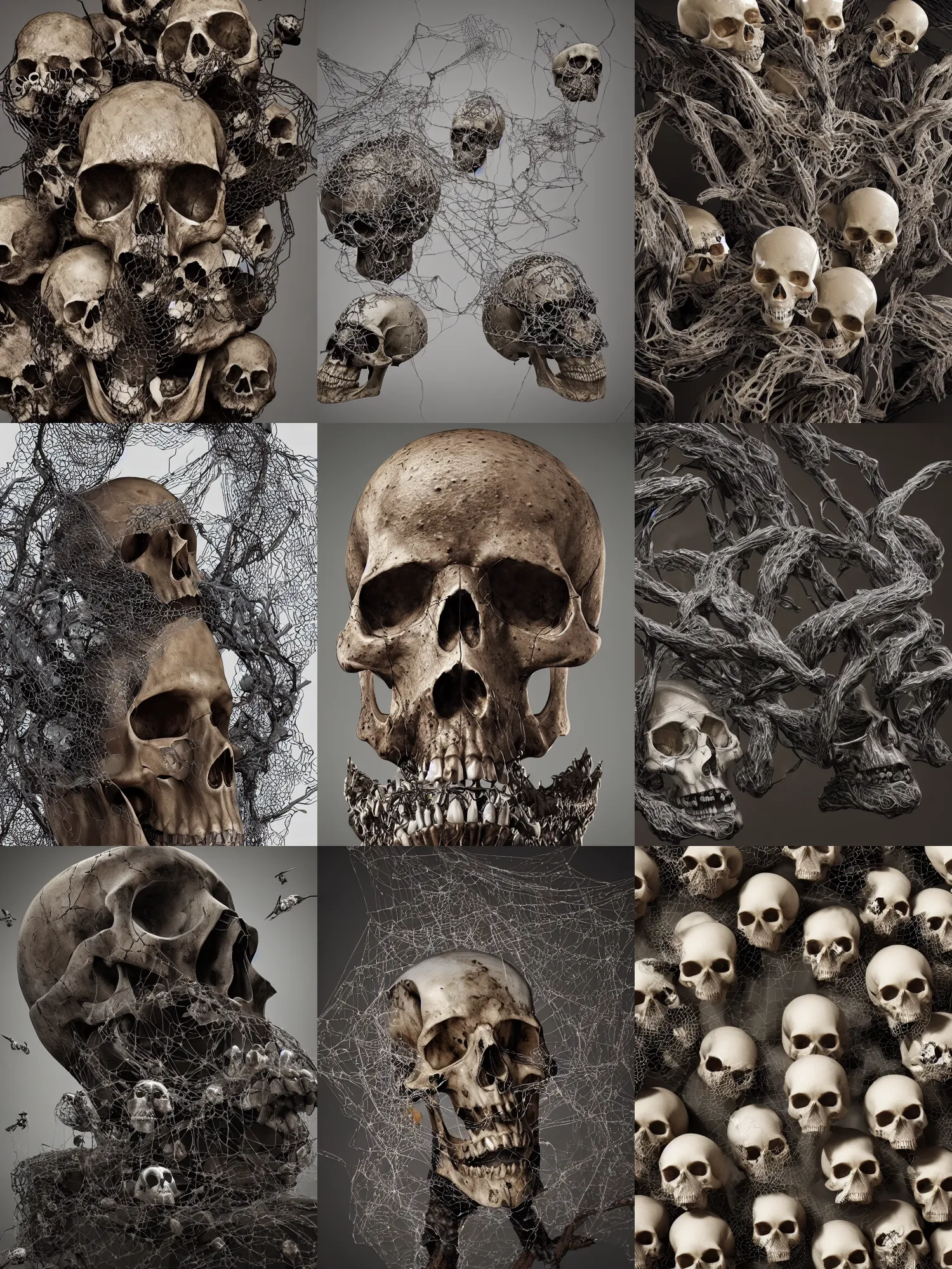 Prompt: art sculpture of skulls and thick web and birds, glossy, gallery, studio lighting, extreme details, unreal engine, 8k, masterpiece