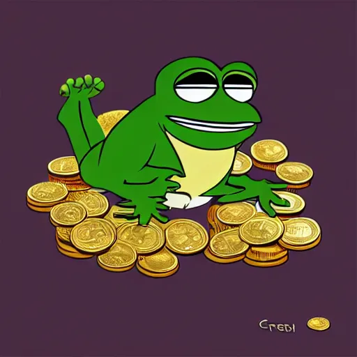 Image similar to super rich happy pepe, coins, gold, crystals, greg rutkowski