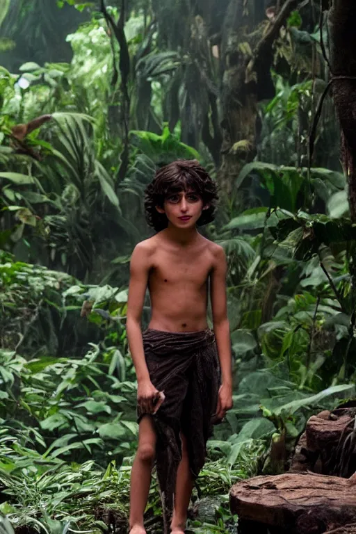 Prompt: young timothee chalamet plays mowgli in the live action adaptation of the jungle book, 3 5 mm photography, highly detailed, cinematic lighting, 4 k