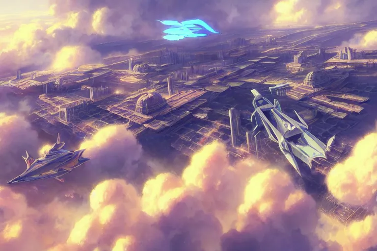 Image similar to ultra realistic flying city on clouds, colors, 8 k, hd, details, fantasy, epic, ancient city, landscape illustration concept art anime key visual trending pixiv fanbox by wlop and greg rutkowski and makoto shinkai and studio ghibli and kyoto animation symmetrical facial features